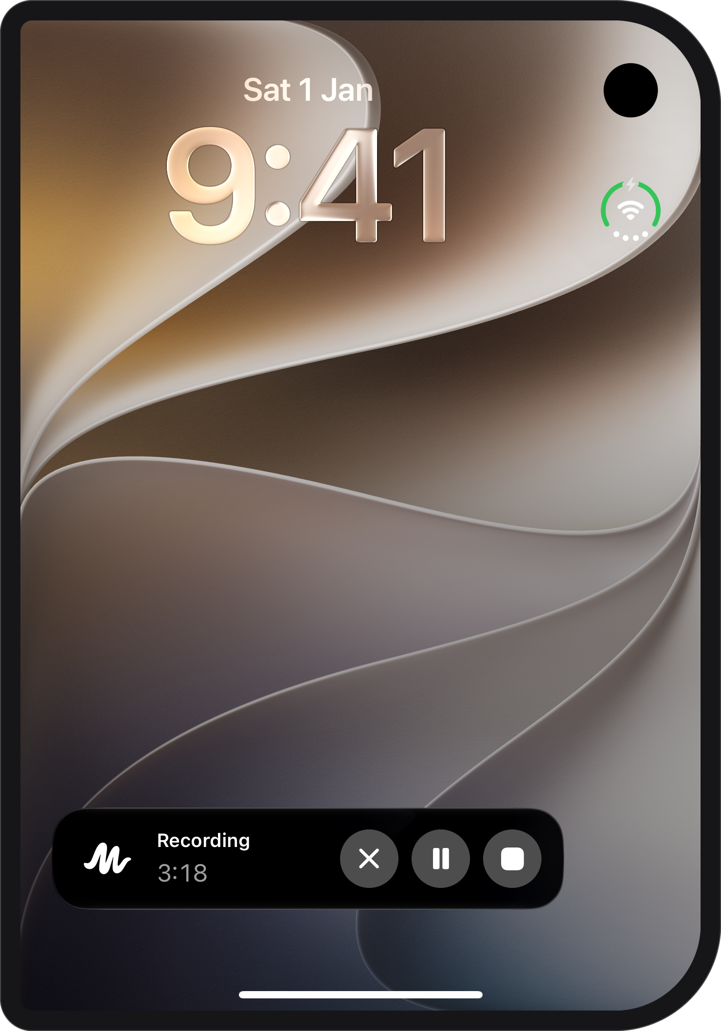 The Lock Screen at 9:41 with Memo’s Live Activity: Recording, 3:18, with buttons to delete, pause and stop.