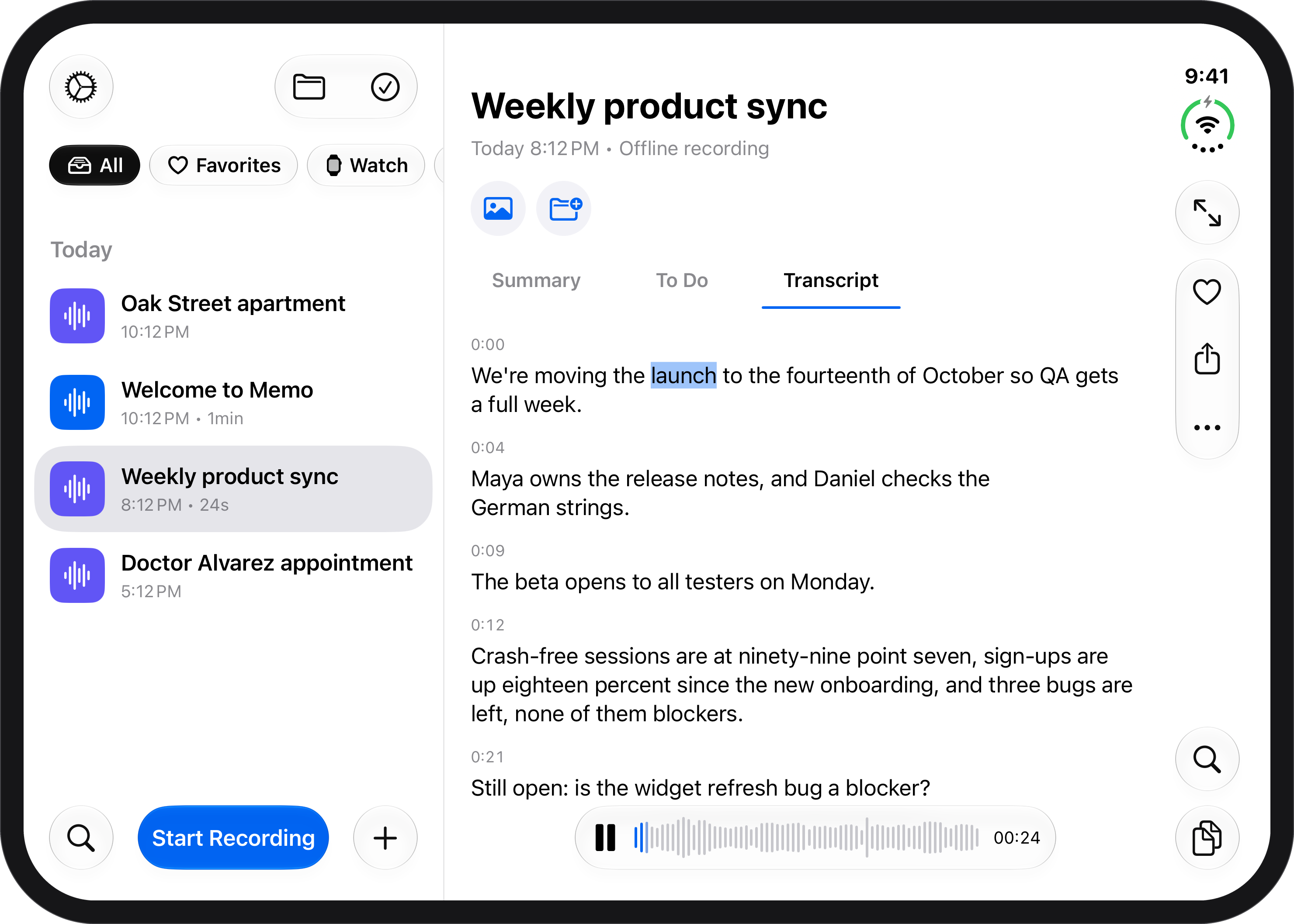 The offline note “Weekly product sync” on iPhone Duo: its transcript with a timestamp on every line, the word being played highlighted, and the audio player.