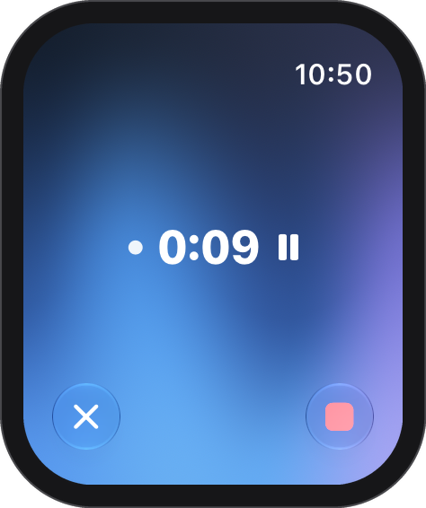 Memo recording on Apple Watch: a timer at 0:09 with a pause button, and buttons to cancel and stop, over Memo’s blue glow.